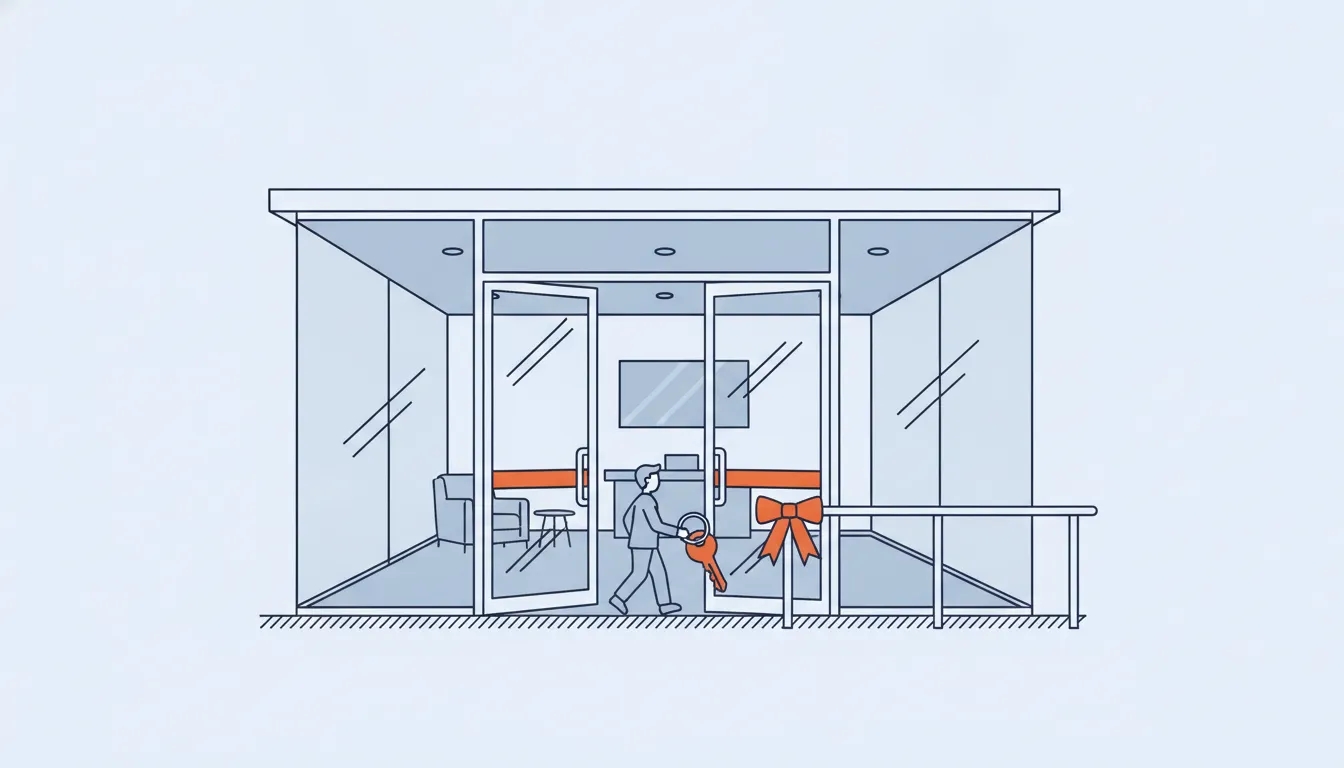 Flat navy-line illustration of a new office building with open doors and an empty lobby, one orange ribbon