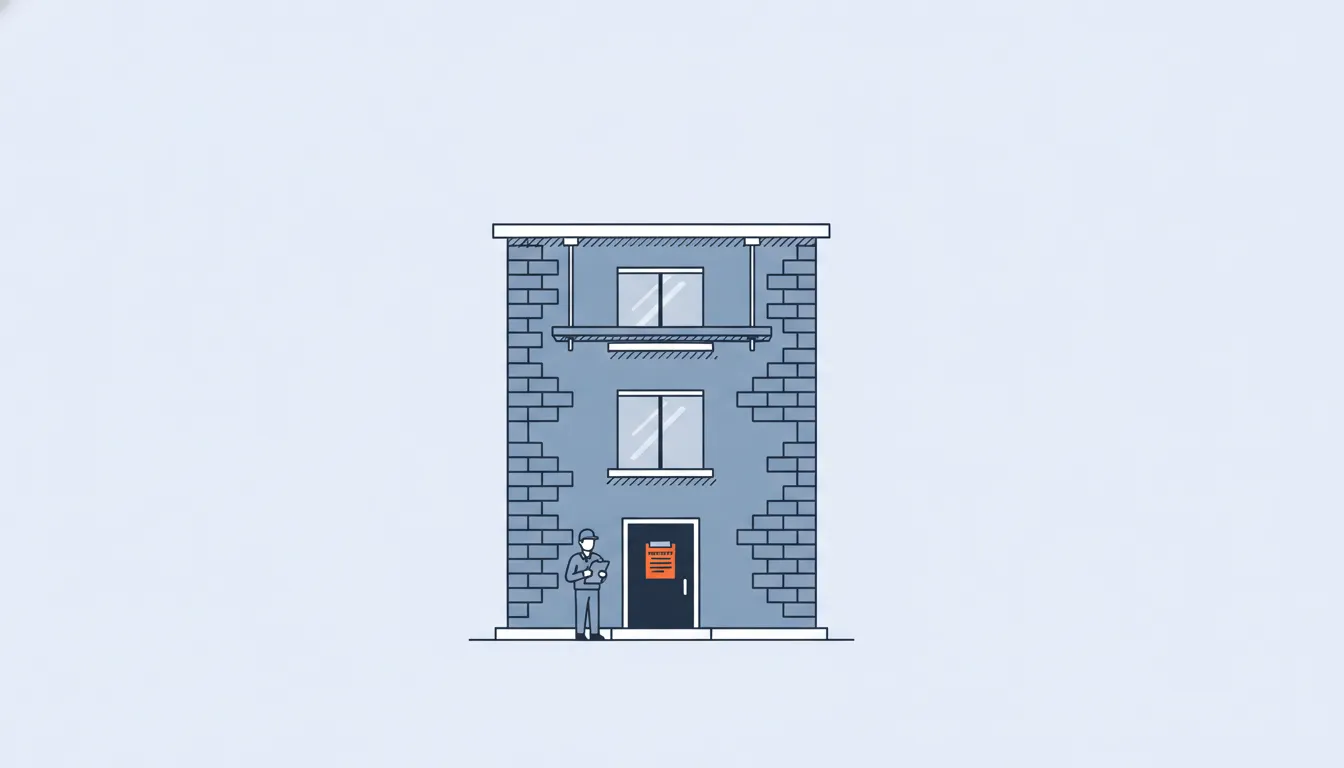 Flat navy-line illustration of an apartment entrance with an inspector on the step, one orange notice on the door