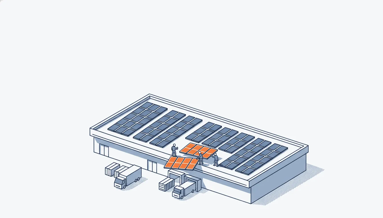 Flat navy-line aerial illustration of a warehouse roof with solar rows, one orange panel being placed