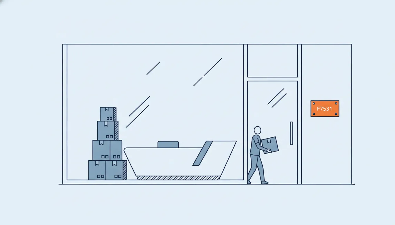 Flat navy-line illustration of an office reception on moving day with removal boxes, one orange nameplate by the door