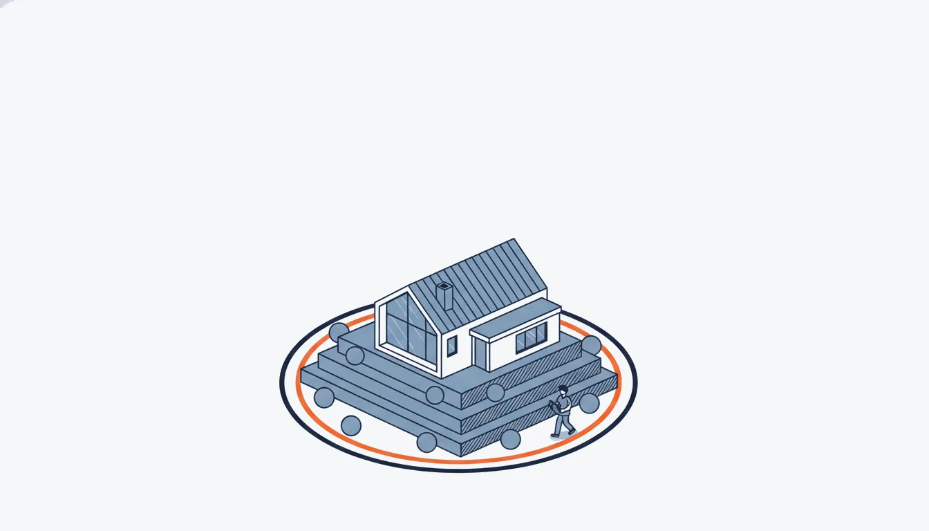Flat navy-line aerial illustration of a house with clearance rings, the inner ring in orange