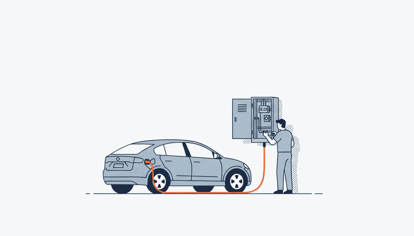Flat navy-line illustration of a garage with an open panel and an EV charger, orange charging cable