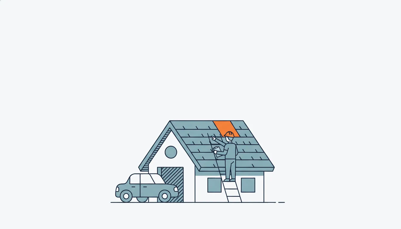 Flat navy-line illustration of an inspector on a ladder at a shingle roof with one orange patch