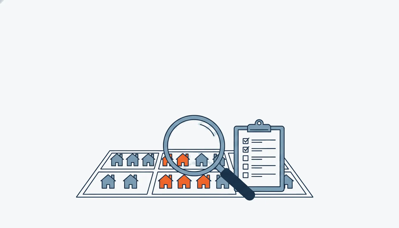 Flat navy-line illustration of a block map under a magnifying glass with one orange row of houses