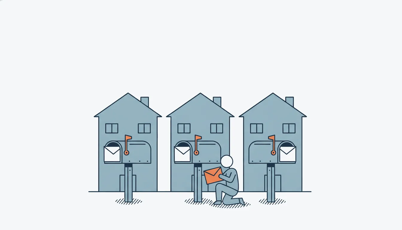 Flat navy-line illustration of a row of mailboxes with letters, one orange letter being read