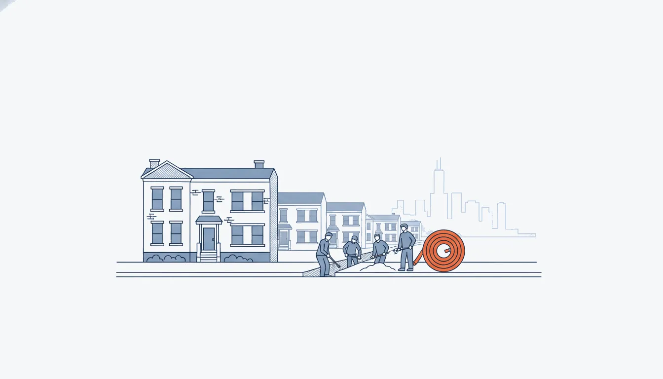 Flat navy-line illustration of Chicago two-flats with a service line trench and an orange pipe coil