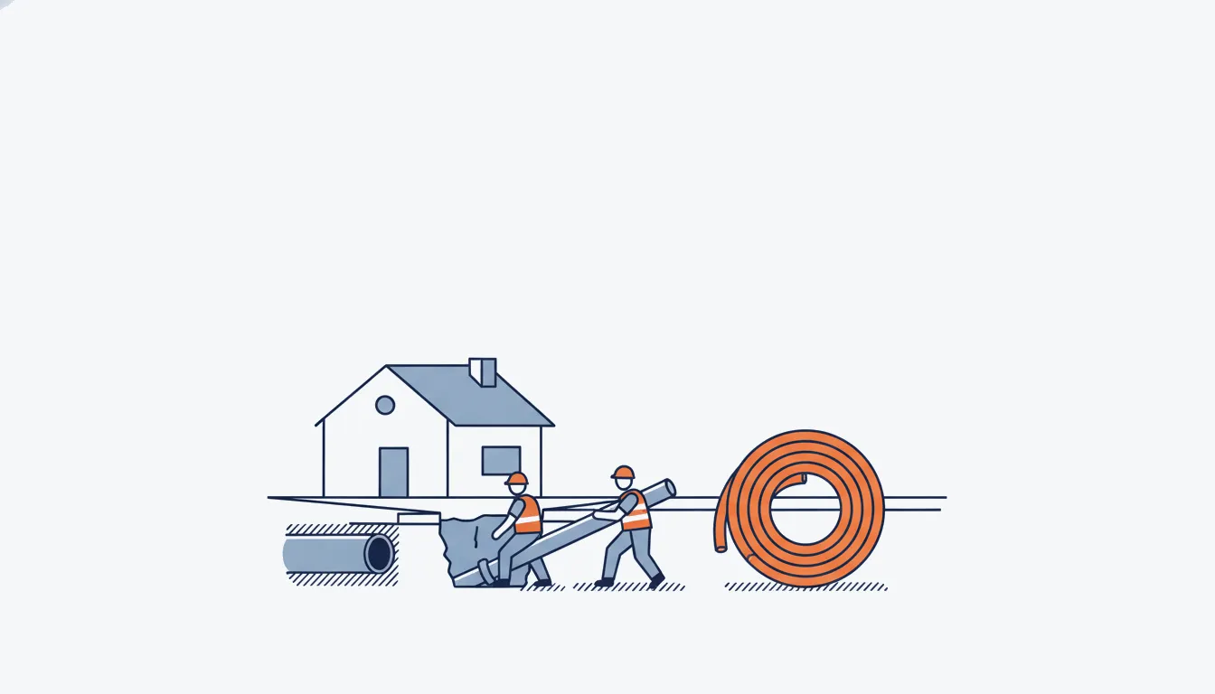 Flat navy-line illustration of a service line trench from street to house with an orange coil of new pipe