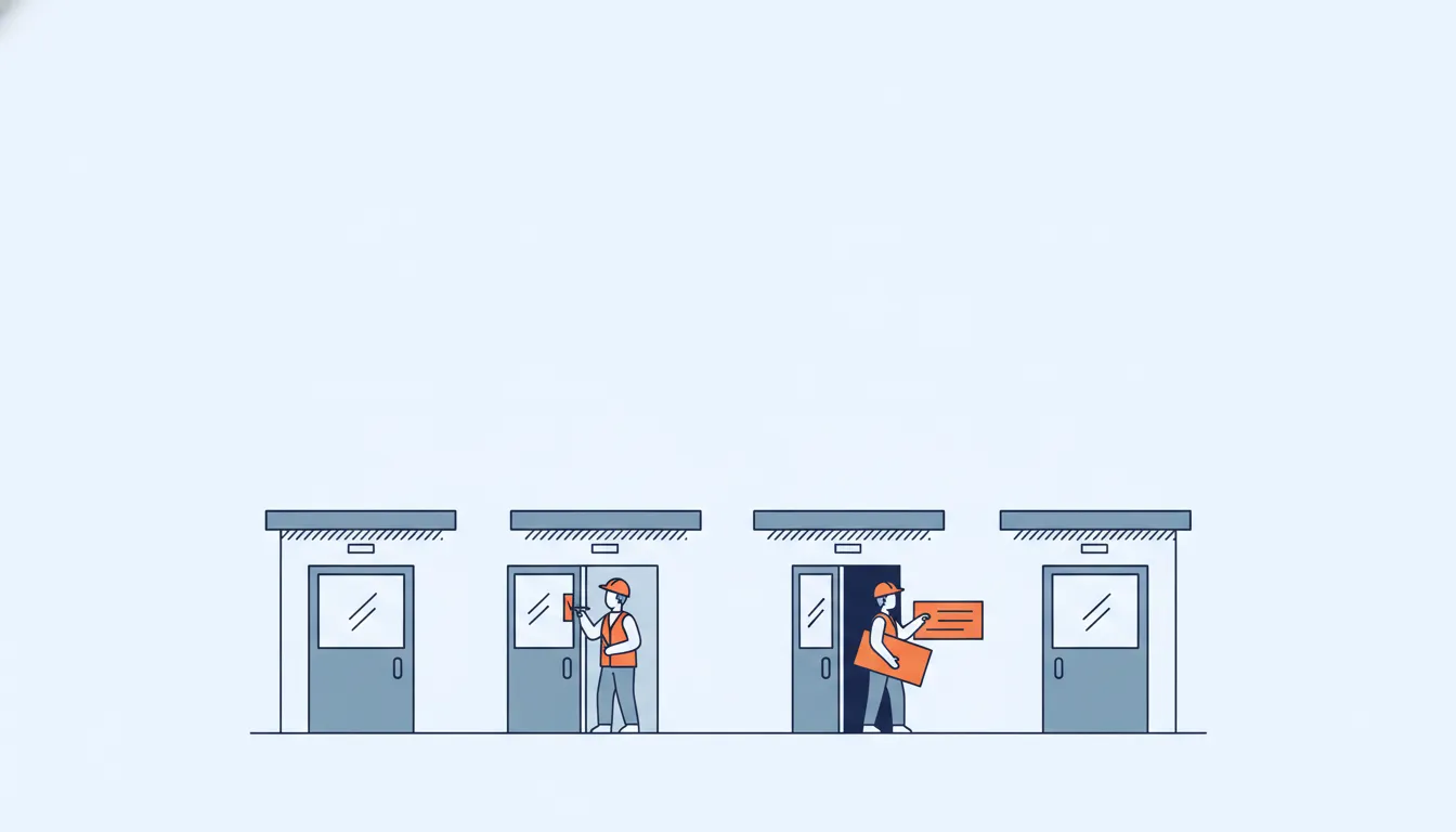 Flat navy-line illustration of apartment entrances with a plaque being swapped, one orange new plaque