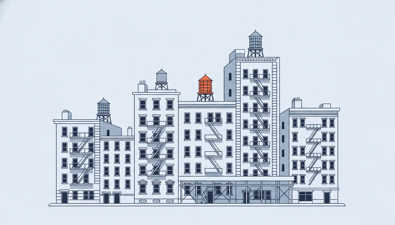 Flat navy-line illustration of a Manhattan block with fire escapes, water towers and a sidewalk shed, one orange water tower