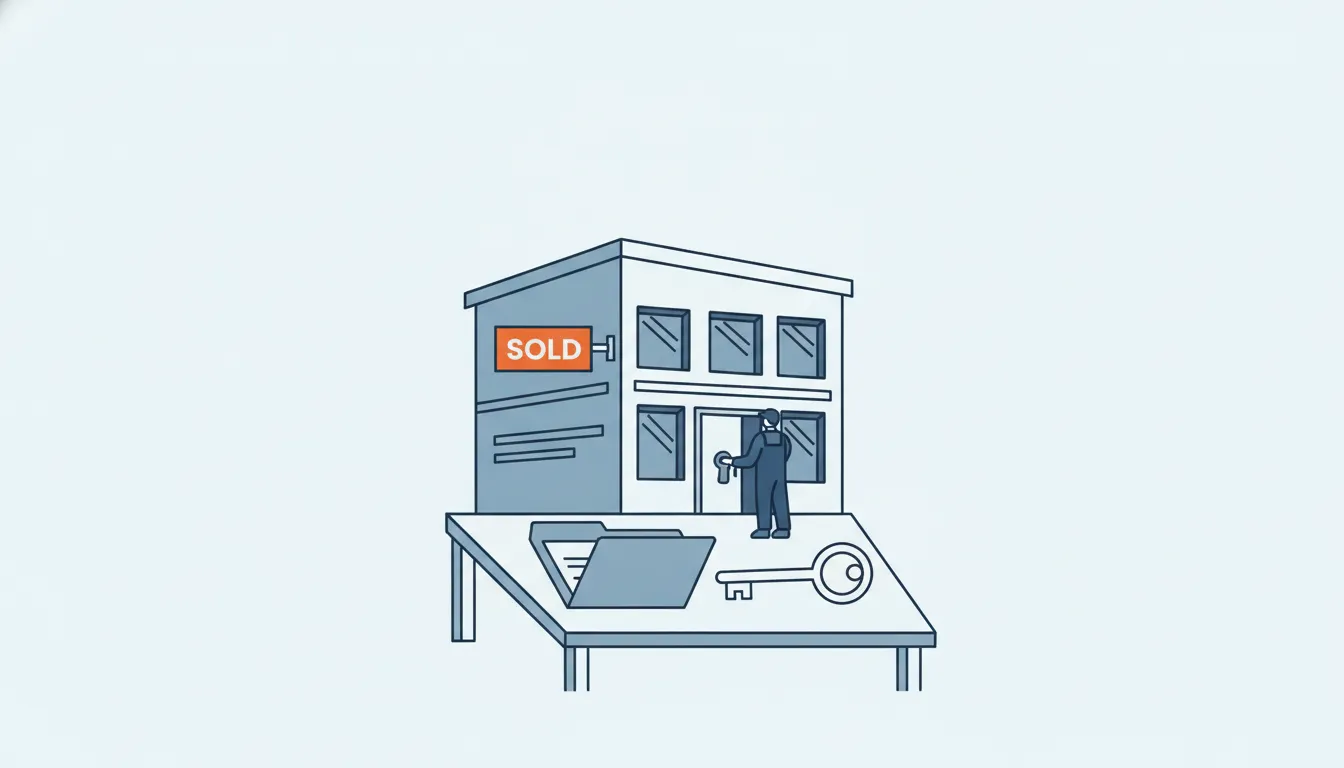 Flat navy-line illustration of a commercial building with a sold sign and a set of keys, one orange sign