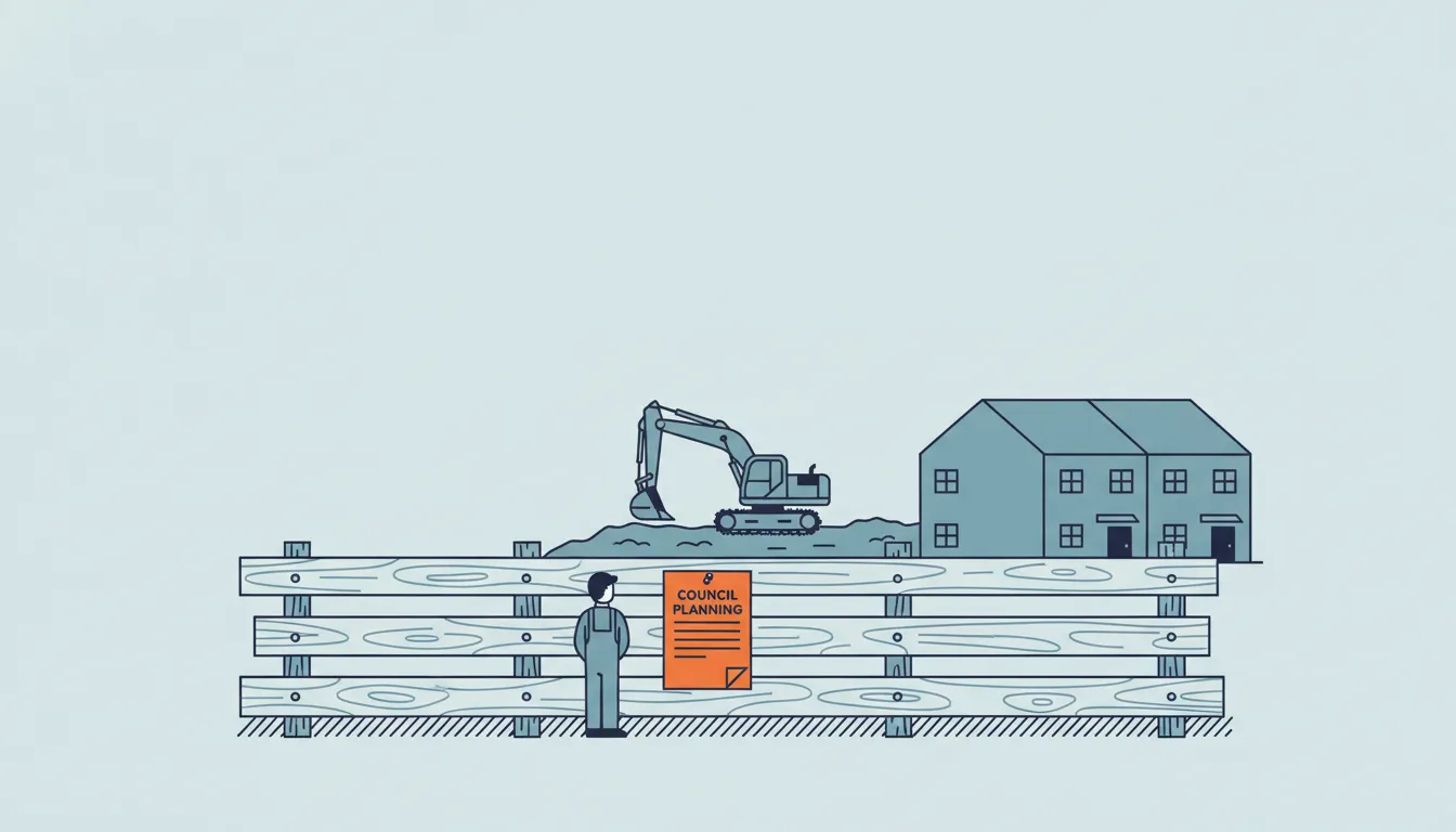 Flat navy-line illustration of a site fence with a planning notice and a digger behind, one orange notice