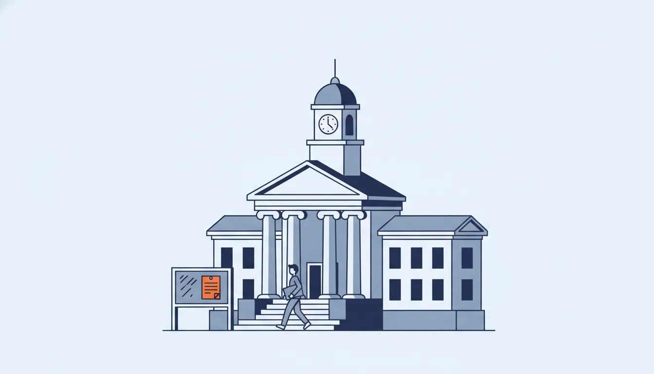 Flat navy-line illustration of a civic building with a noticeboard at the steps, one orange contract notice