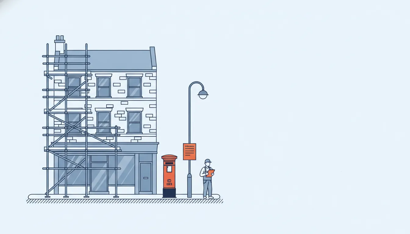 Flat navy-line illustration of a British high street with scaffolding and a pillar box, one orange planning notice on a lamp post
