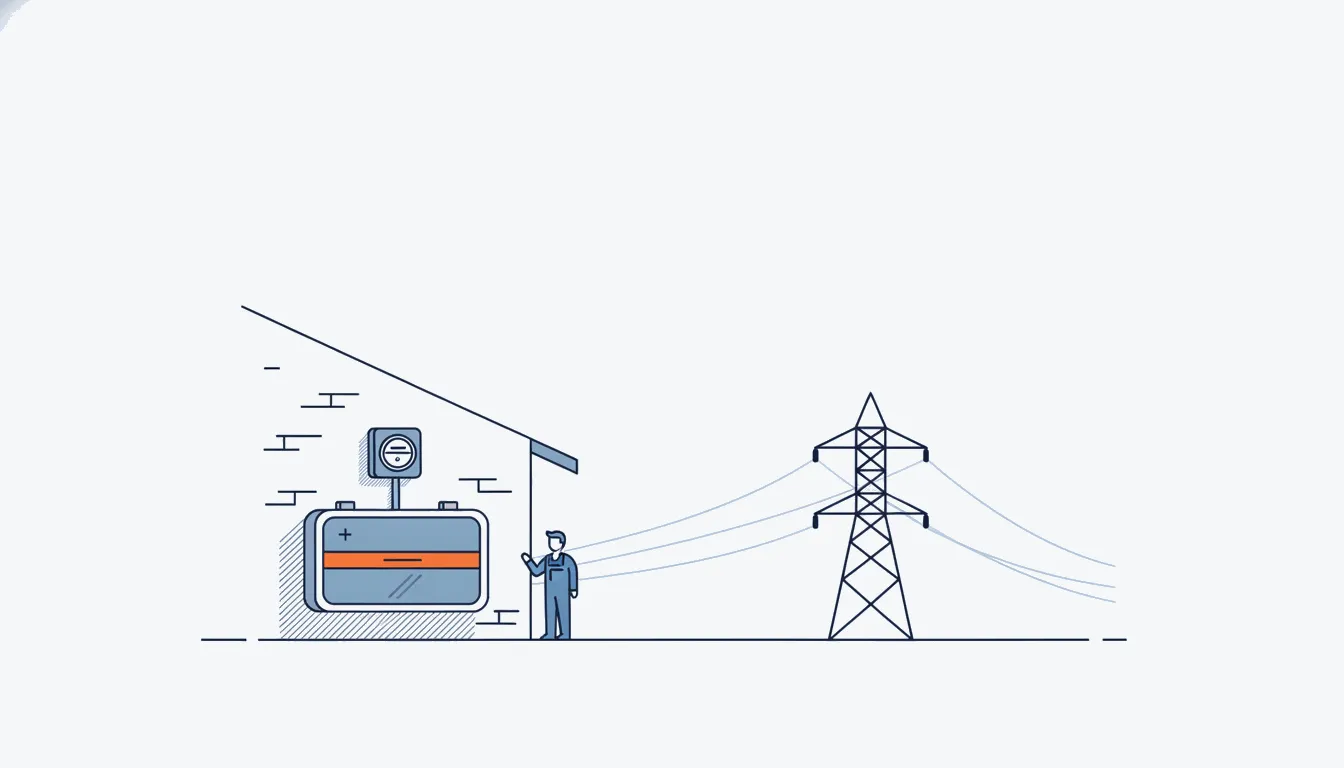 Flat navy-line illustration of a wall-mounted home battery linked to a utility pylon, orange indicator stripe