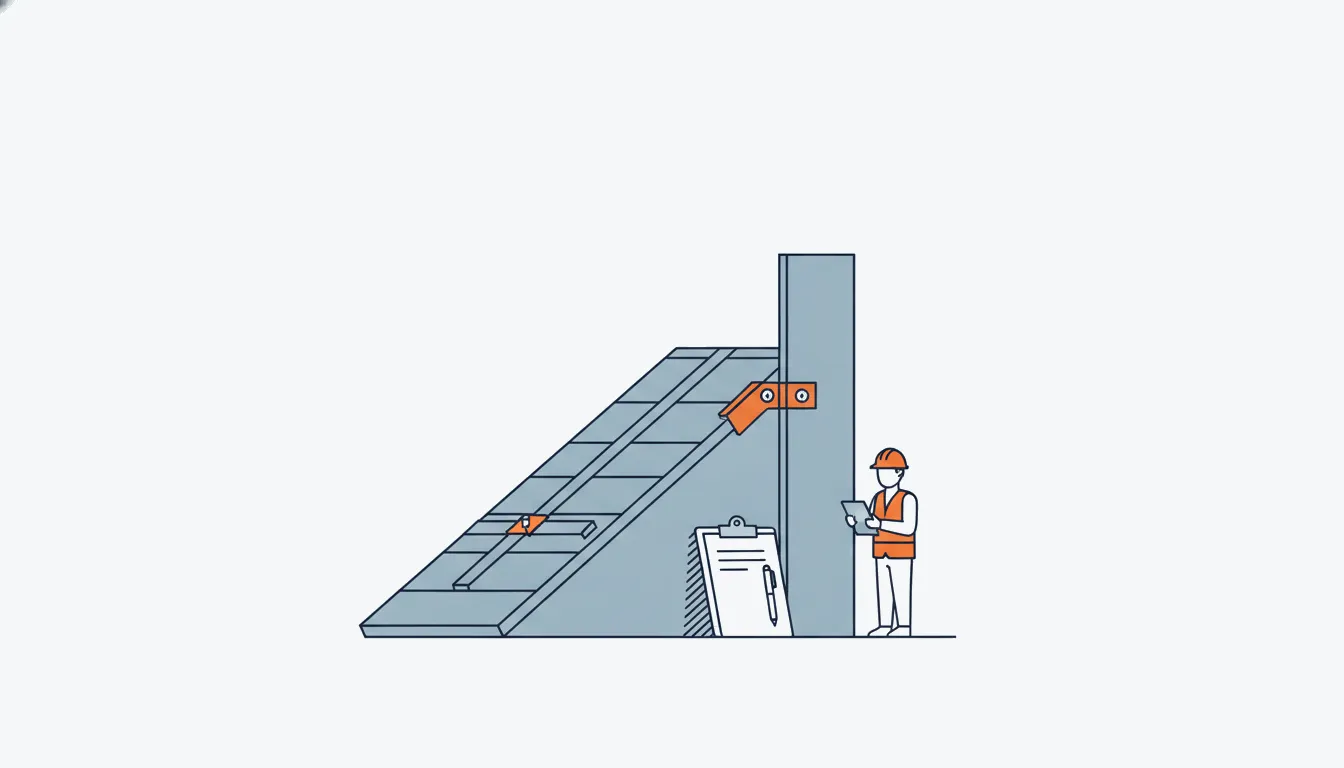 Flat navy-line cutaway of a roof corner with an orange hurricane strap and an inspection clipboard