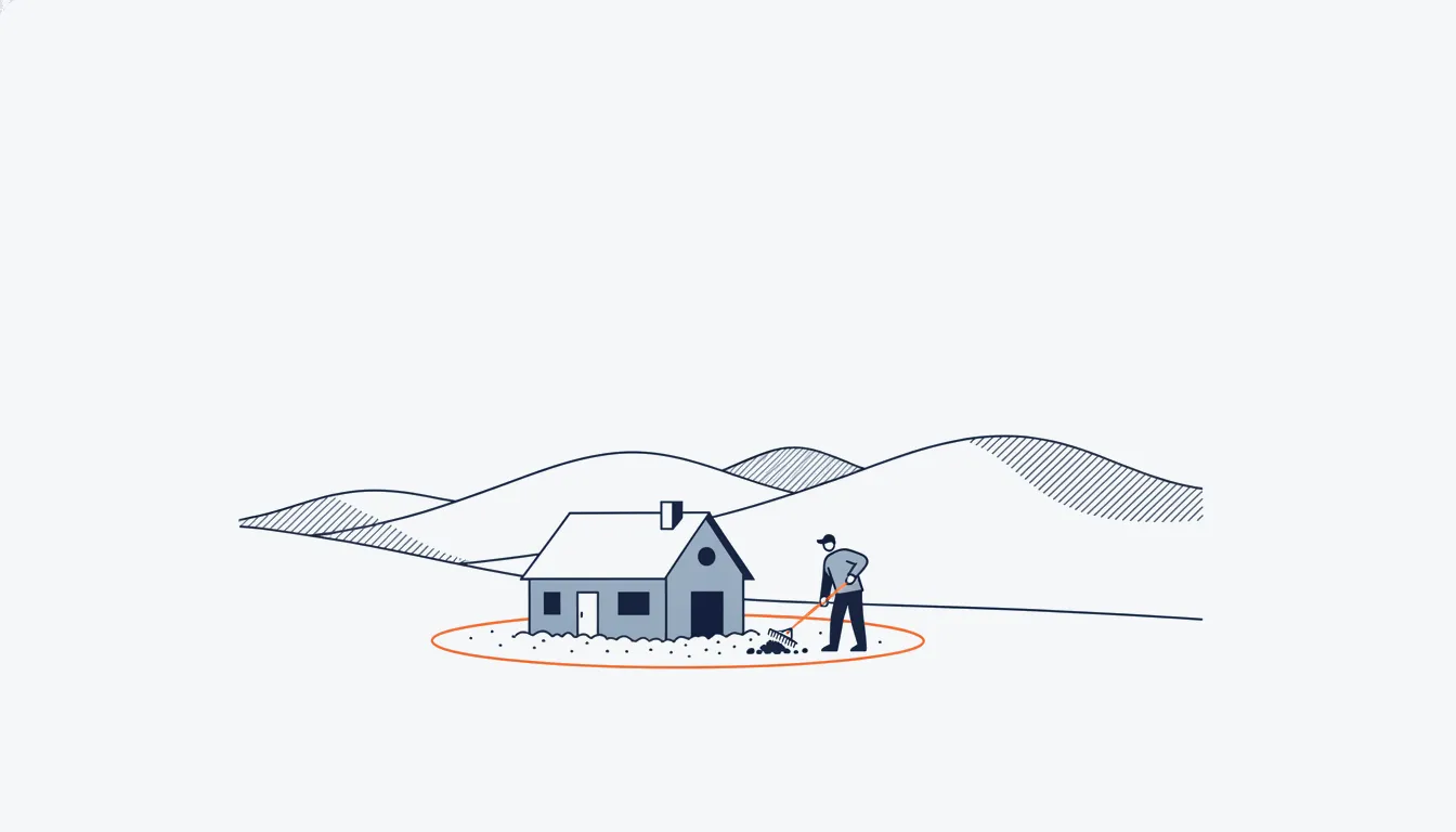 Flat navy-line illustration of a hillside house with a cleared perimeter strip marked in orange